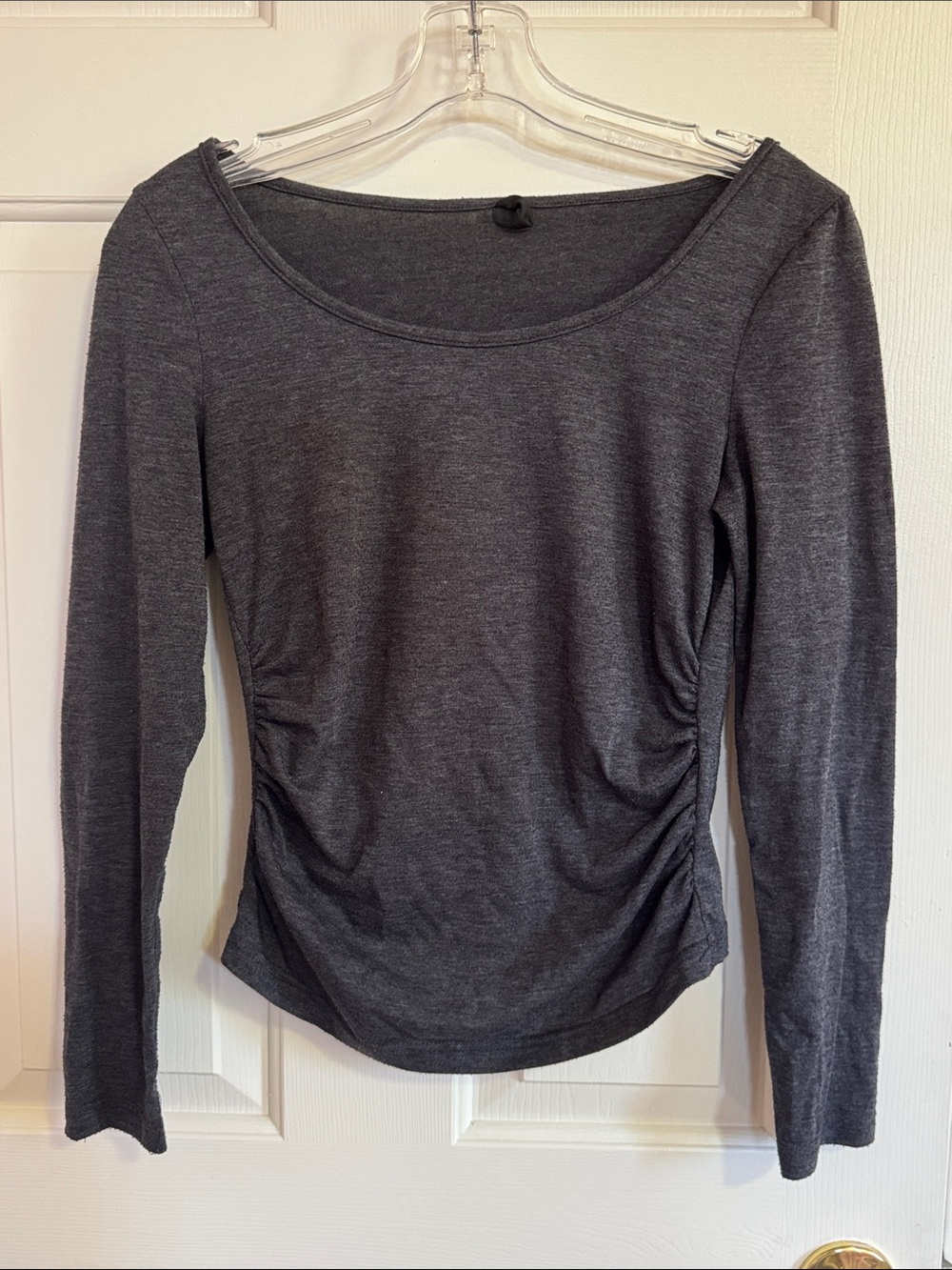 Classic Long-Sleeve Scoop Neck Ruched Women’s Top - Charcoal
